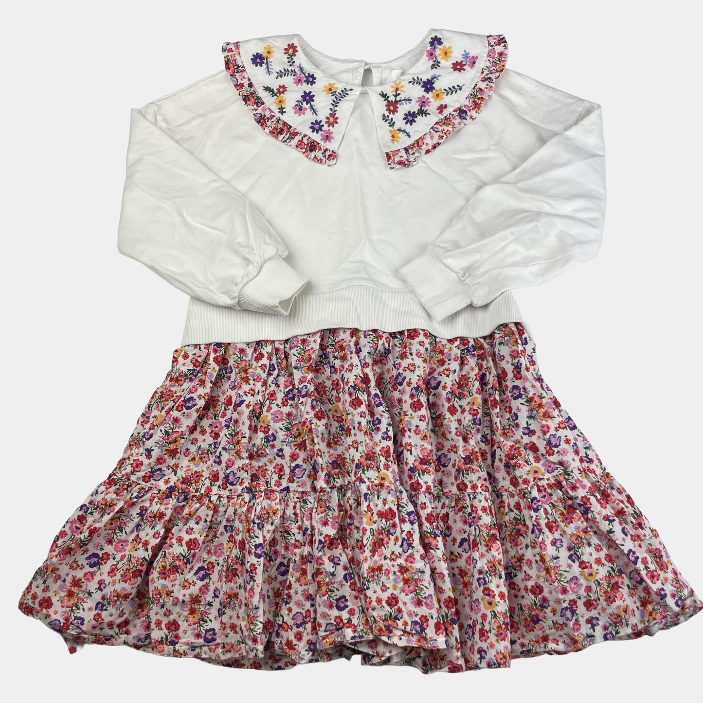 Weißes Baumwoll-Kleid mit buntem Blumenmuster und Kragen für Mädchen, Größe 6 Jahre (ca. 116) – front