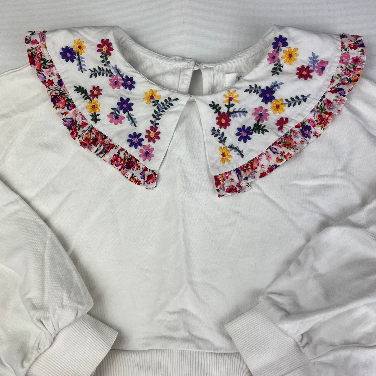 Weißes Baumwoll-Kleid mit buntem Blumenmuster und Kragen für Mädchen, Größe 6 Jahre (ca. 116) – collar