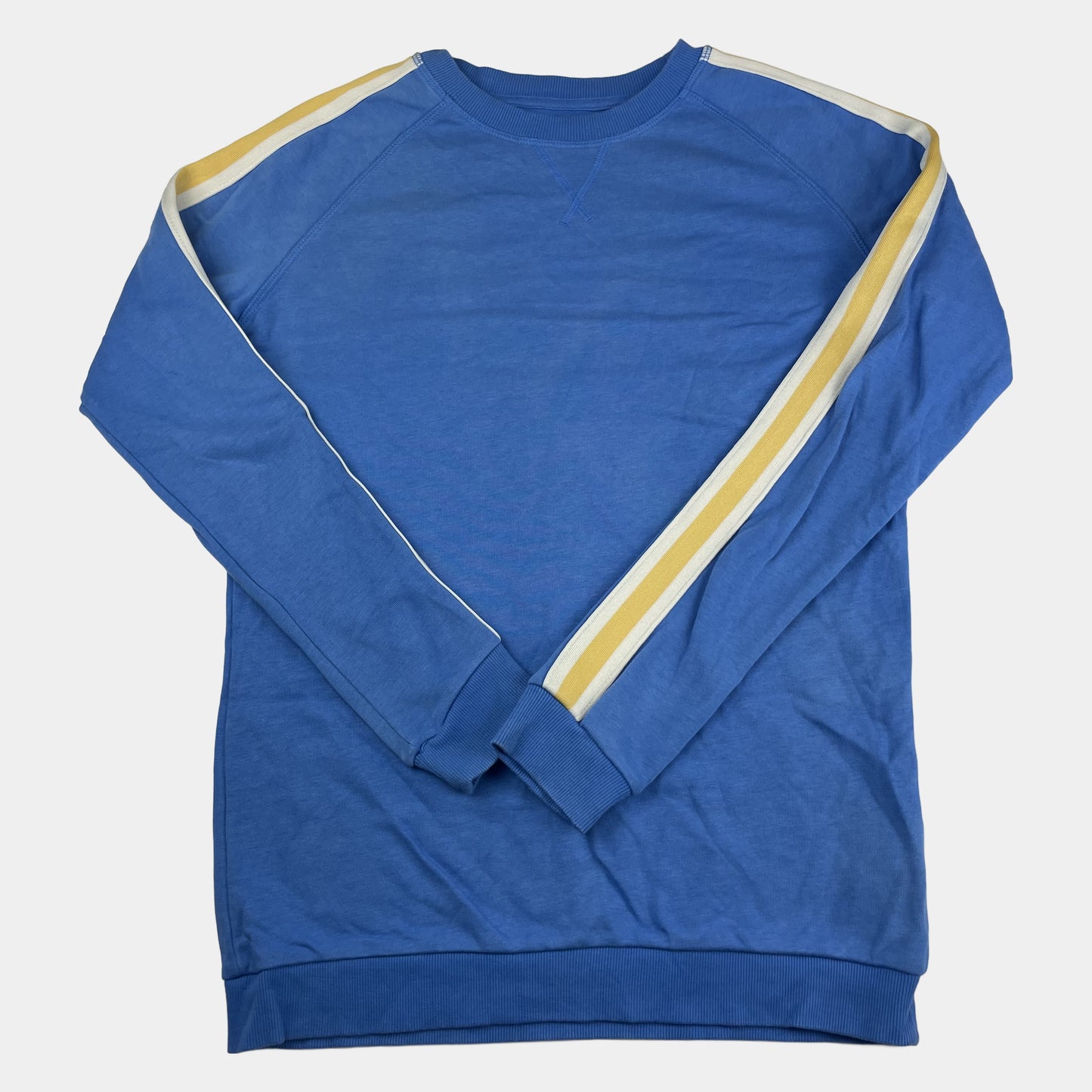 Blauer Pullover mit gelben und weißen Streifen auf den Ärmeln, Größe 14–15 Jahre von M&S – front