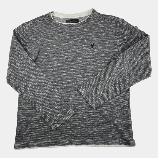 Grauer Baumwoll-Pullover mit gestreiftem Muster, Größe 12 Jahre. – front