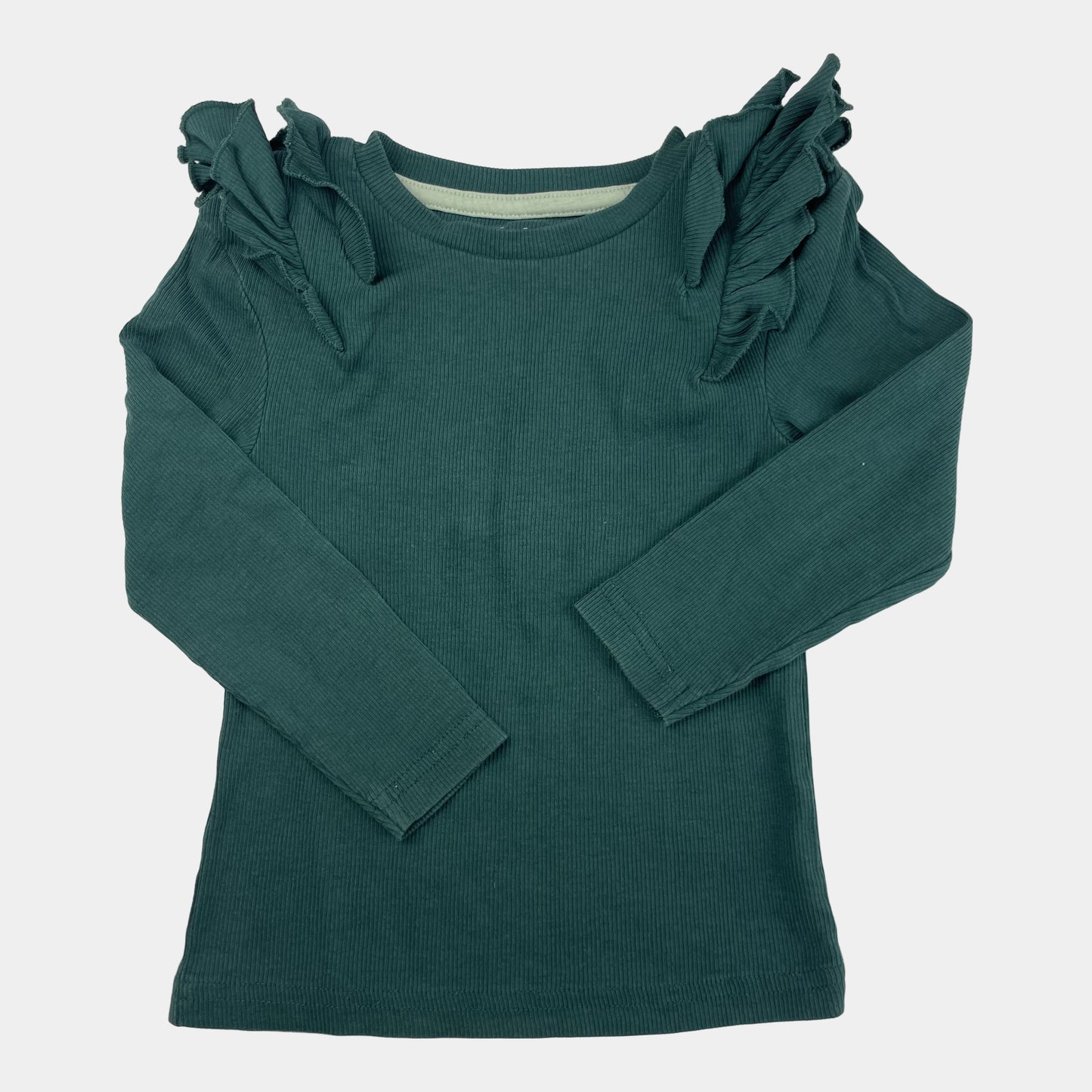 Grüner Langarm-Pullover mit Rüschen von Nutmeg, Größe 2-3 Jahre. – front