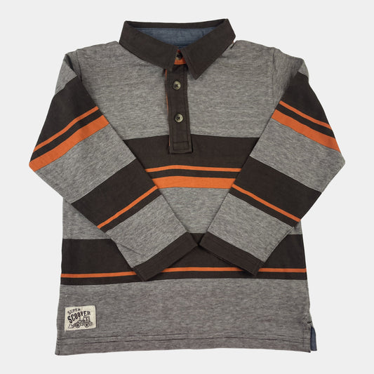 Grau-braunes Langarm-Shirt mit orangefarbenen Streifen. – front