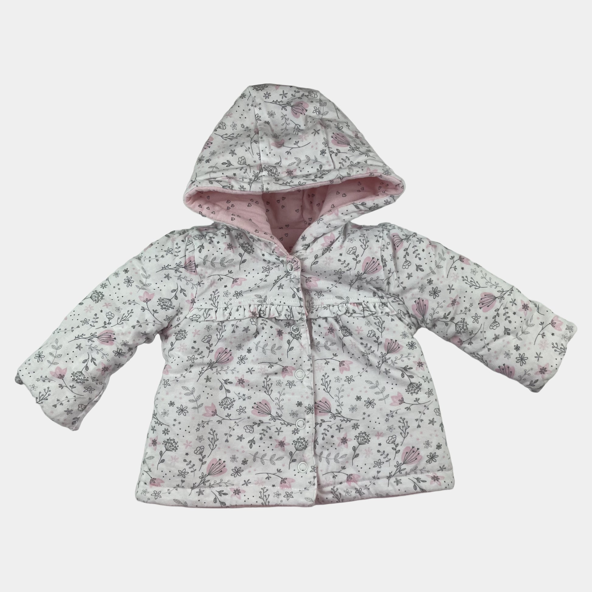 Weiße und rosa wendbare Baby-Jacke mit Kapuze und Herzmuster von George – front