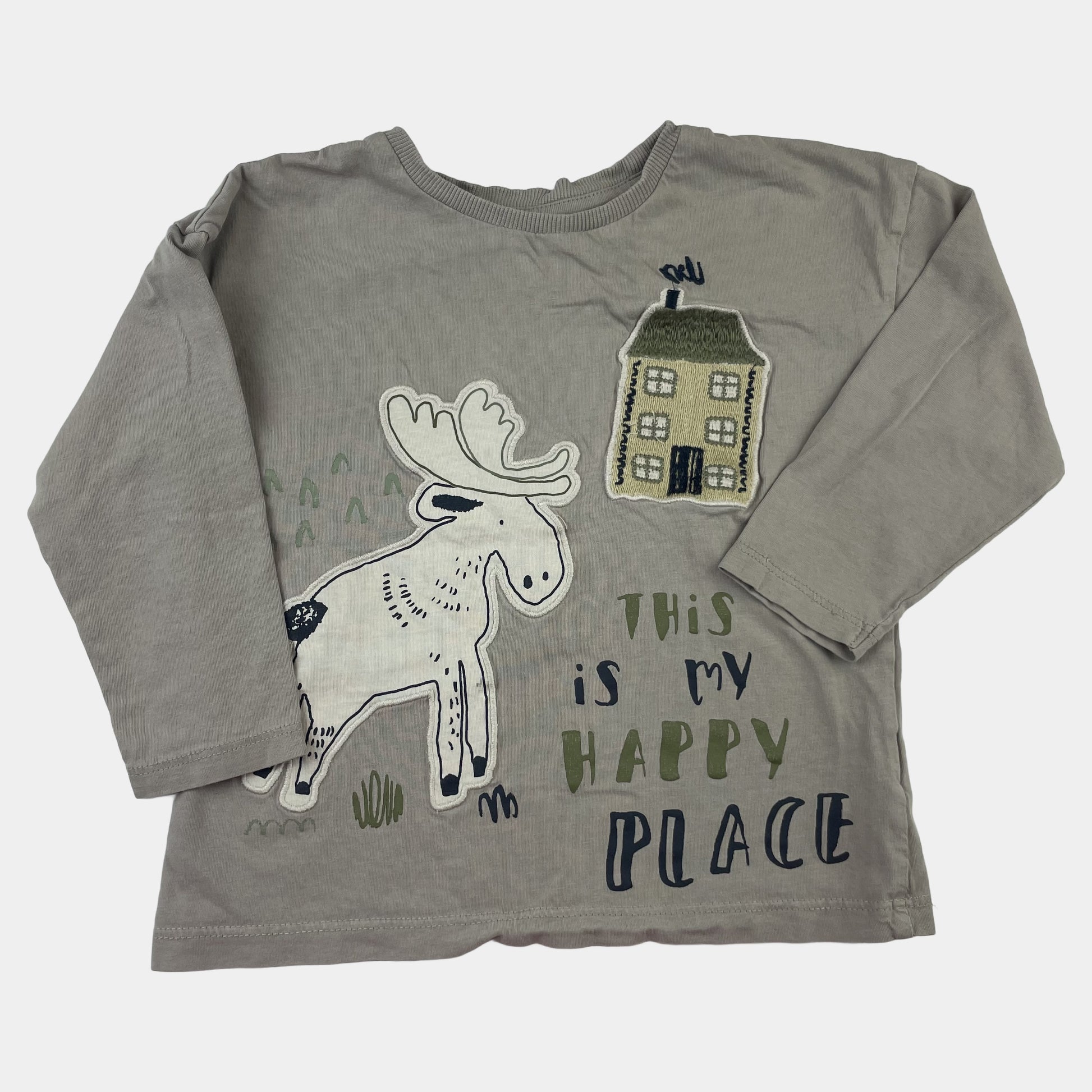 Taupefarbenes Langarmshirt mit Elch-Motiv von George, Größe 2-3 Jahre, Baumwolle – front
