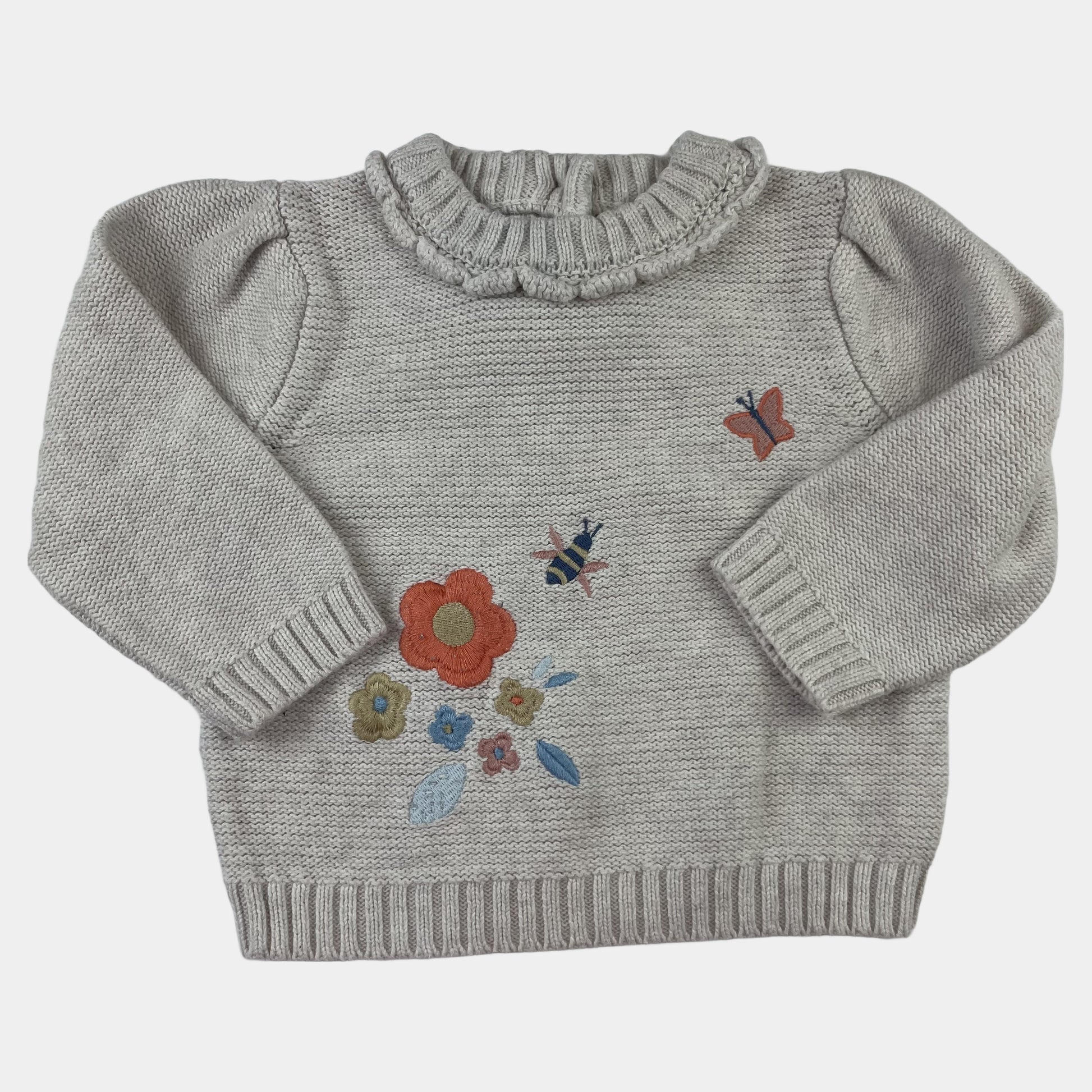 Cremefarbener Nutmeg Baby Pullover mit Blumen- und Bienenmotiv, 3-6 Monate – front
