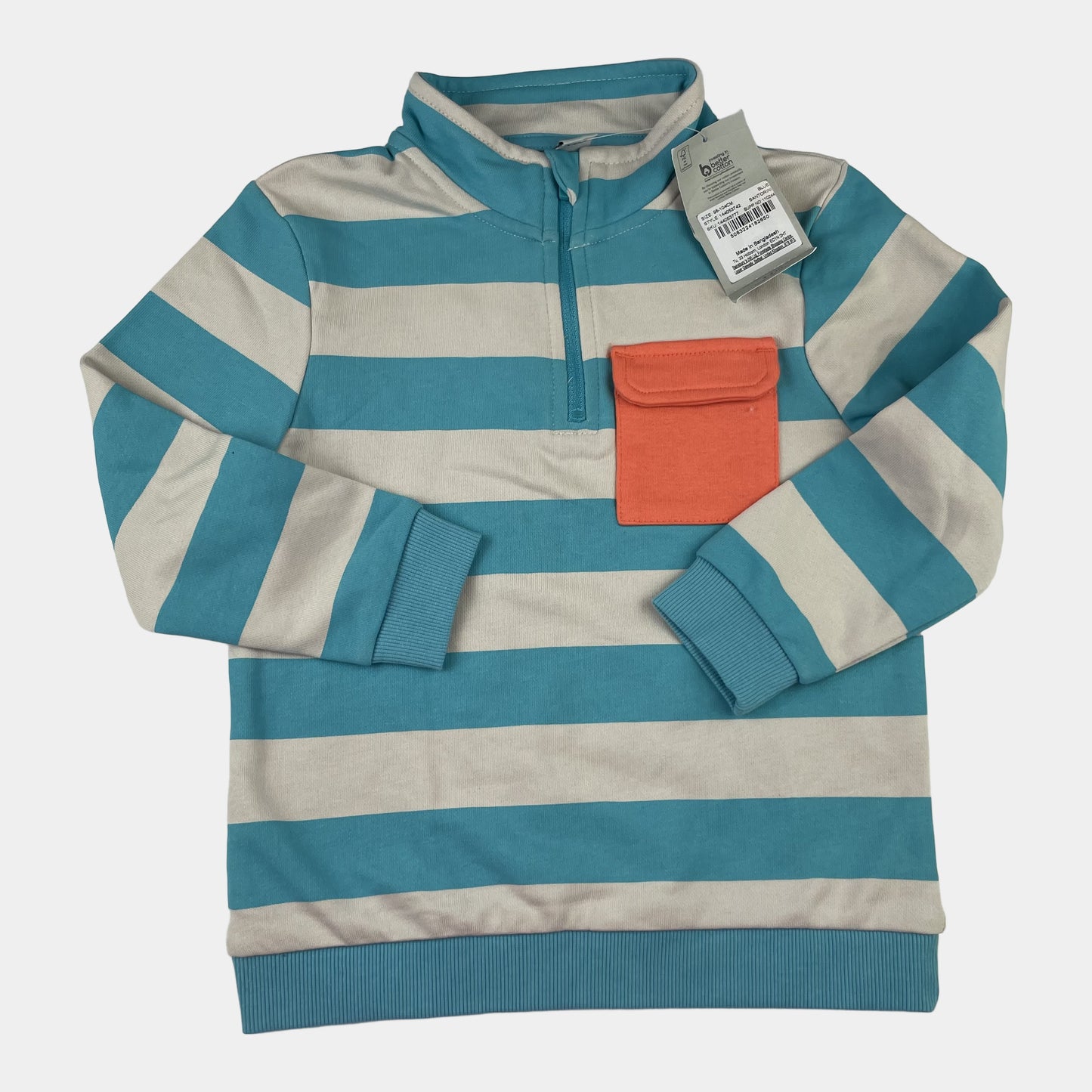 Blau-weißer gestreifter Pullover mit orangefarbener Tasche für Kinder – front