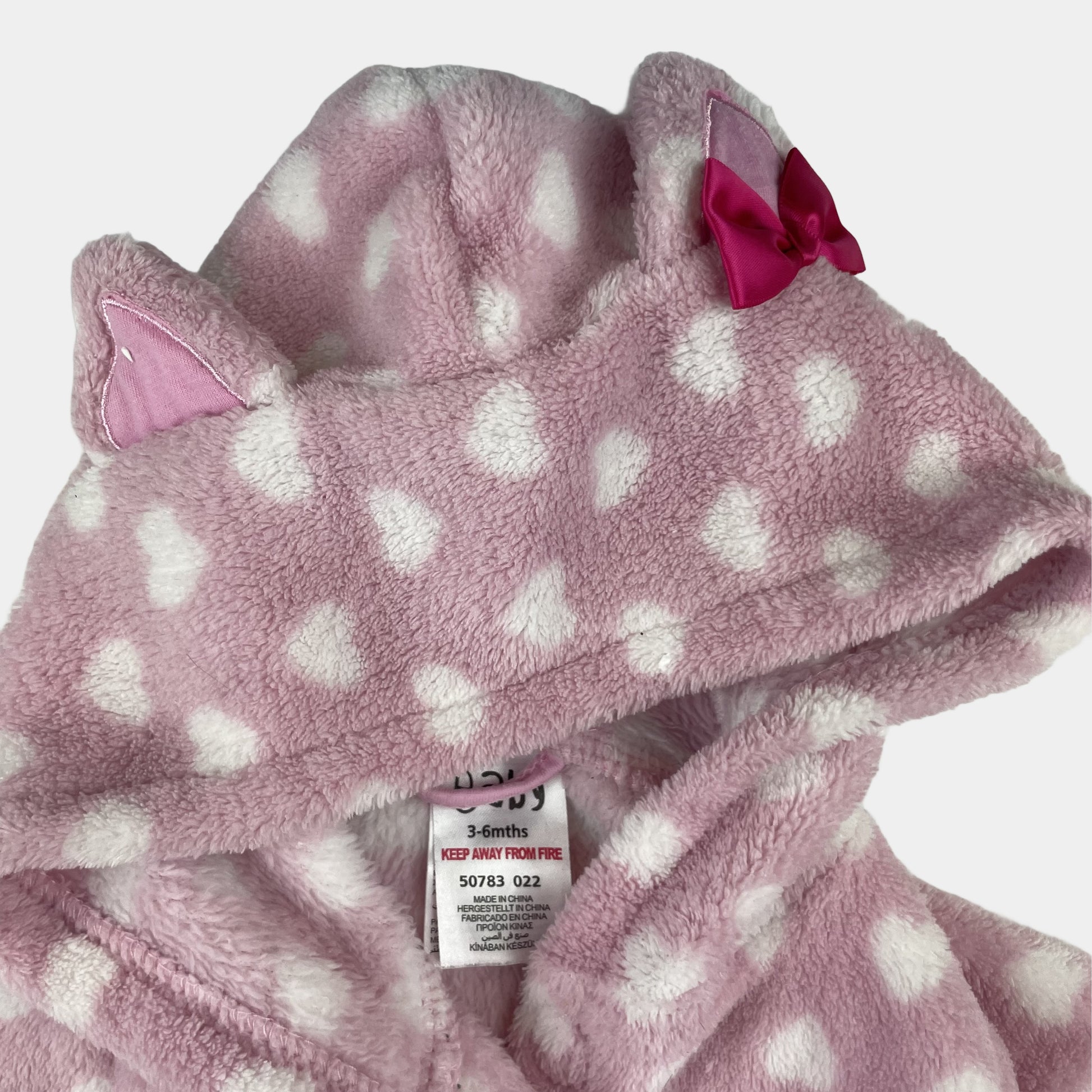 Rosa Bademantel aus Polyester mit Herzmuster und Kapuze für Babys – detail