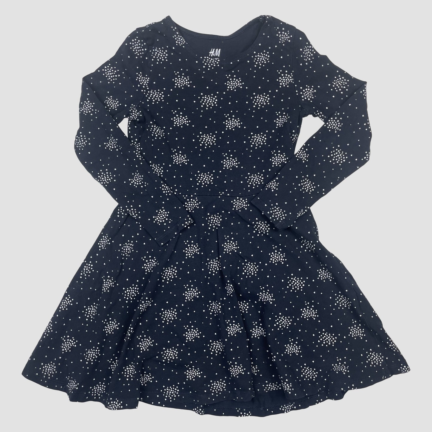 H&M dunkelblaues Jersey-Kinderkleid mit weißen Sternen, lange Ärmel, Größe 110/116 – front