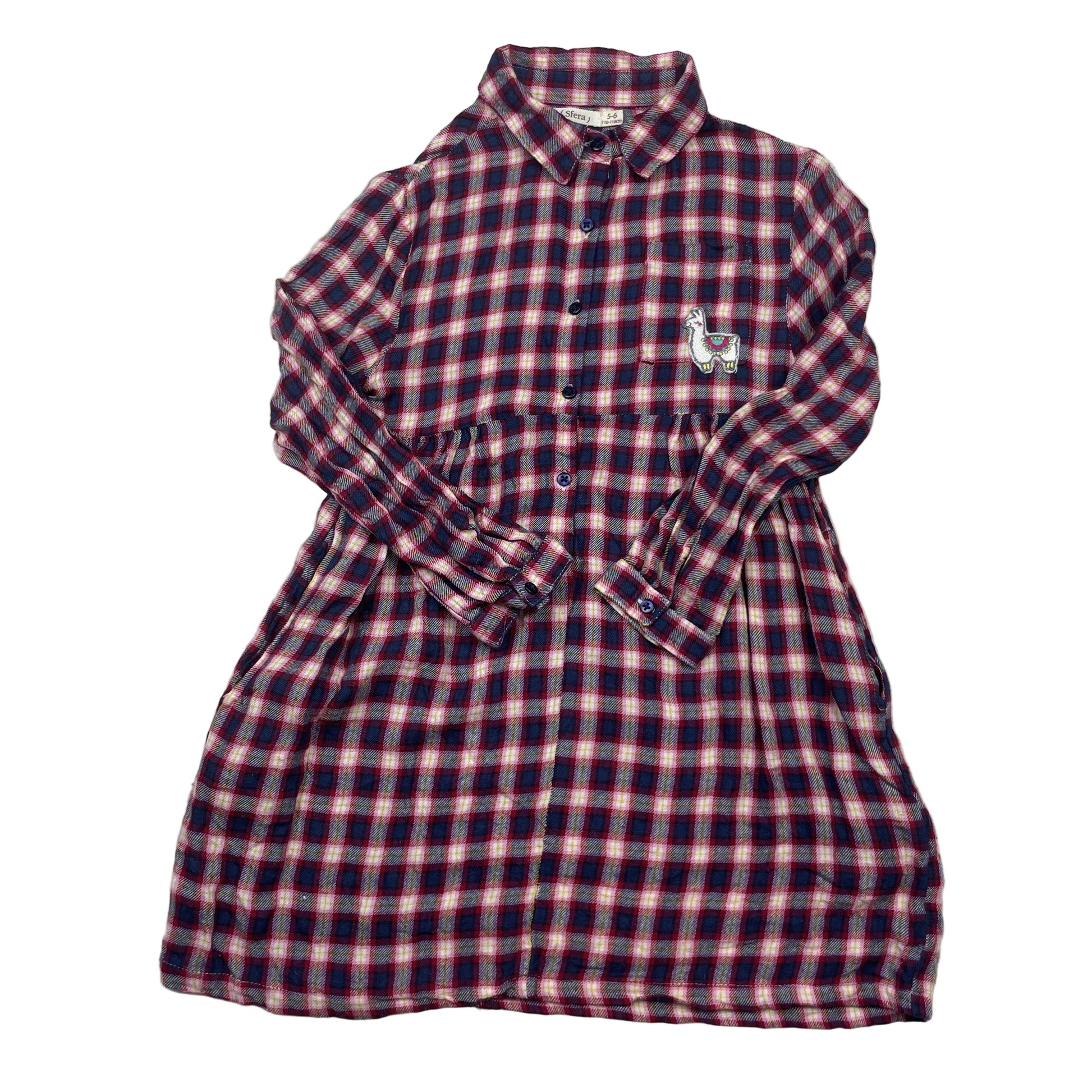 Karierter Langarm-Hemdkleid von Sfera mit Lama-Applikation in Dunkelblau/Rot, Größe 110–116 (5–6 Jahre) – front