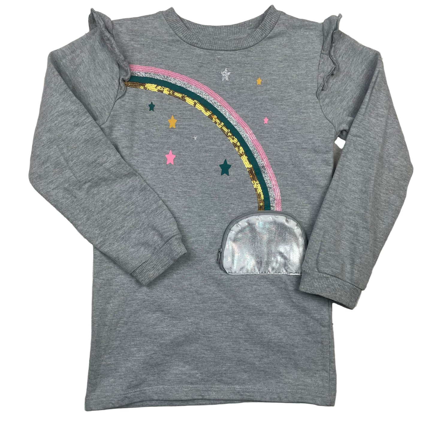 Graues Kinder-Sweatshirt mit Regenbogen, Sternen und silberner Tasche, Größe 110 – front